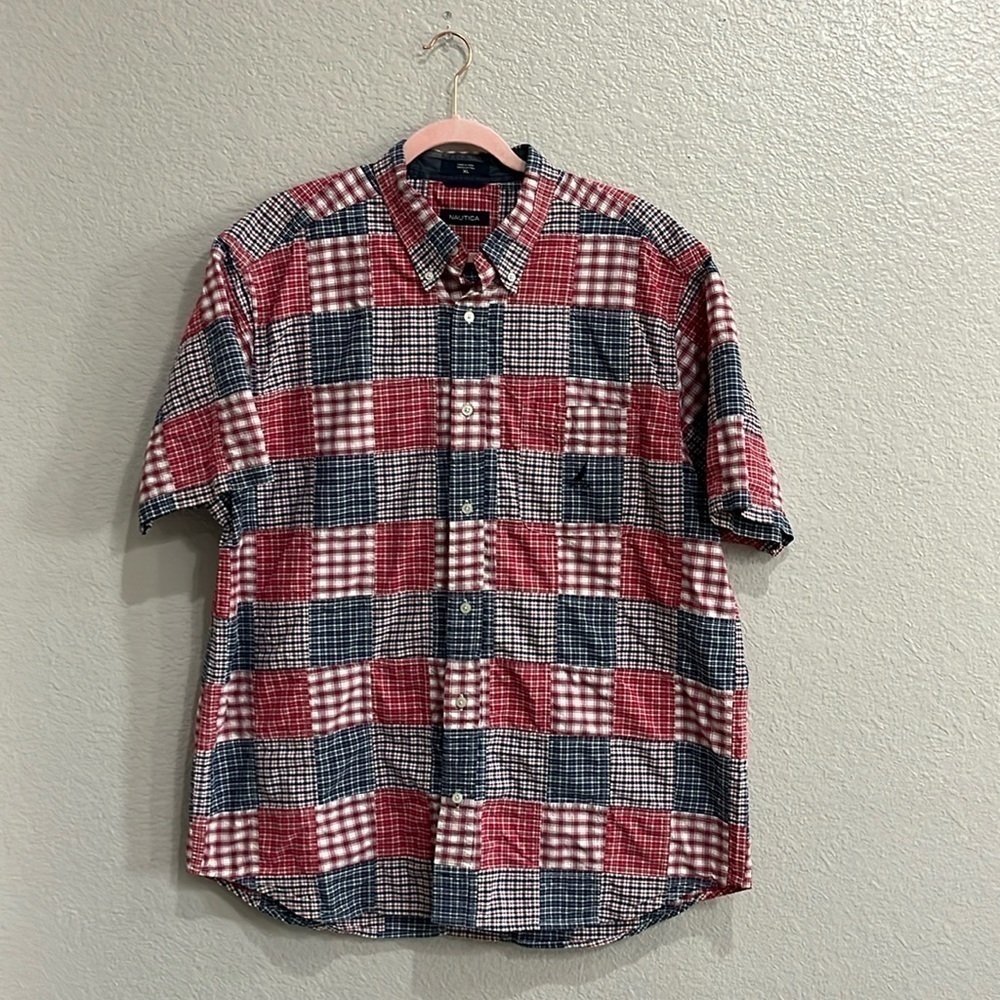 Nautica Shirt  XL Men’s  Patch Work Button  Down Short Sleeve Check Short
